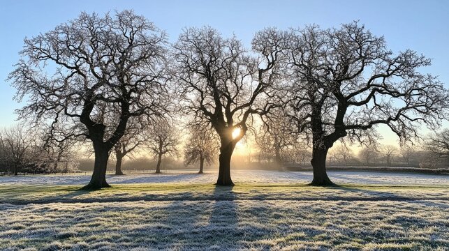 Soft sunlight shining through frosty trees in a winter landscape, with snow sparkling on the ground, capturing a fresh start to the New Year