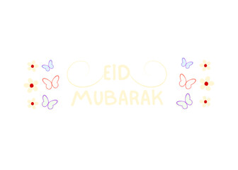 Eid mubarak with flowers and butterflies banner design with transparent background
