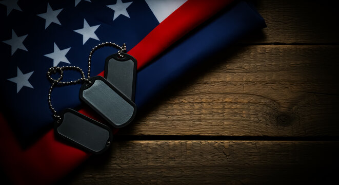 A somber display of military dog tags resting atop a folded american flag on a rustic wood surface - Powered by Adobe