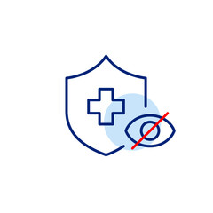 Vector icon of insurance shield with crossed-out eye, symbolizing hidden coverage, private protection, or confidential policy. Ideal for insurance apps, privacy settings, security platforms