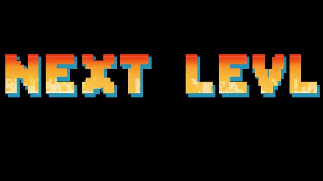 Retro pixel style text reading next level in bold colors displayed on a black background used in classic arcade or vintage video games to show stage transition or achievement