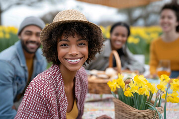Group of friends having a picnic in the park blanket picnic basket spring flowers in the background