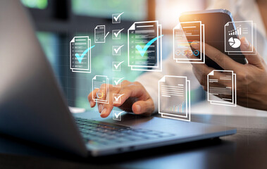 Document management concept, check electronic documents on digital documents on virtual screen...