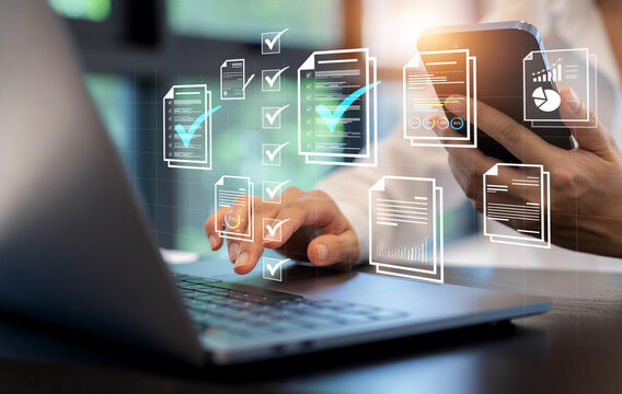 Document management concept, check electronic documents on digital documents on virtual screen Document Management System and process automation to efficiently document paperless operate