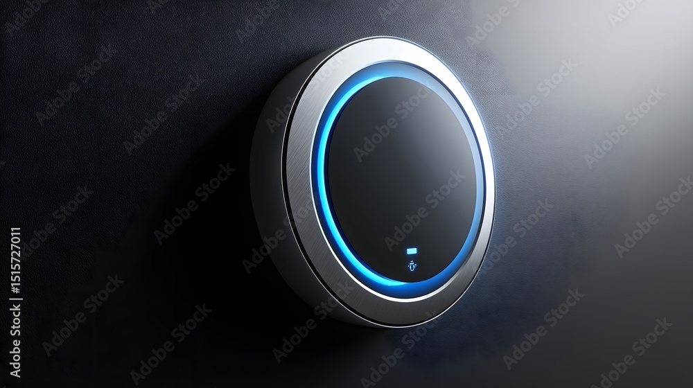 Poster circular illuminated control button on a dark background.