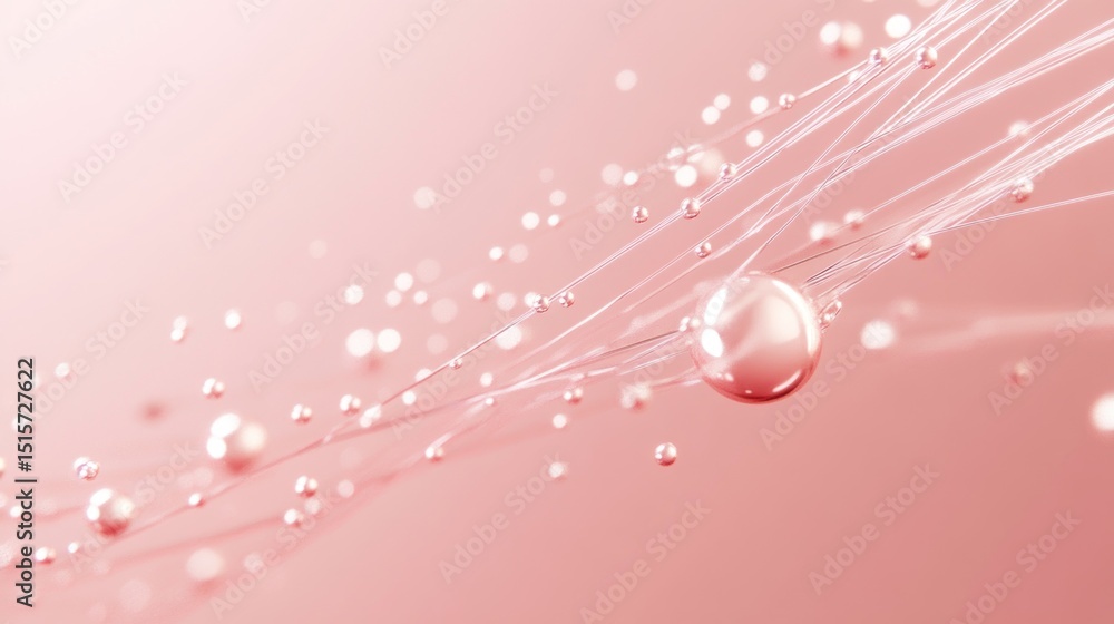 Poster abstract composition features delicate strings and spherical objects in pink
