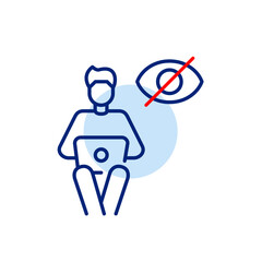 Vector icon of man sitting and working at laptop with crossed-out eye, symbolizing private work, hidden activity, or invisible online presence. Ideal for productivity apps, remote work tools, and priv