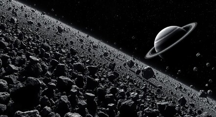 Gigapixel view of a ringed planet with icy rock debris creates a monochromatic surreal landscape.