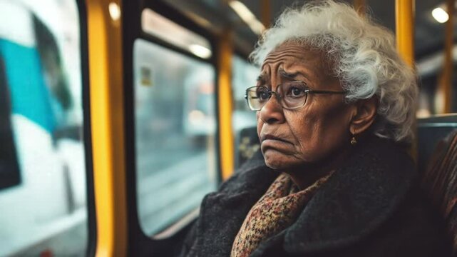 Worried senior woman rides urban train