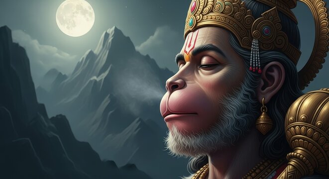 Hanuman meditating hindu god moonlit night spiritual art deity illustration
