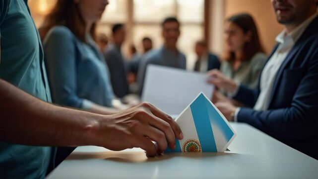 Argentine voter casting presidential election ballot at polling station in Buenos Aires

