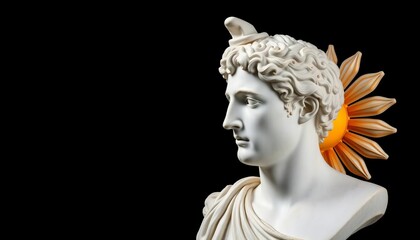 Obraz premium Apollo bust, plaster cast, ancient Greek god, sun, poetry, isolated black background, artwork, poetry