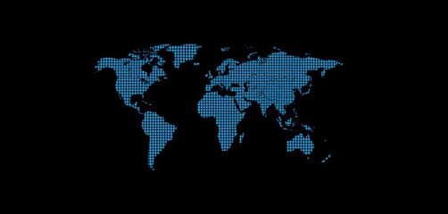 Blue dotted world map in a black halftone circle, flat vector illustration, flat design, vector