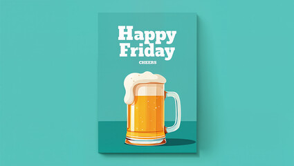 Happy Friday Beer Mug Poster Design with Cheers Typography for Weekend Celebration and Bar Restaurant Marketing Materials