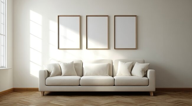 Minimalist living room with off-white sofa, three empty frames on a white wall, sunlight streaming through window, and light wood floors