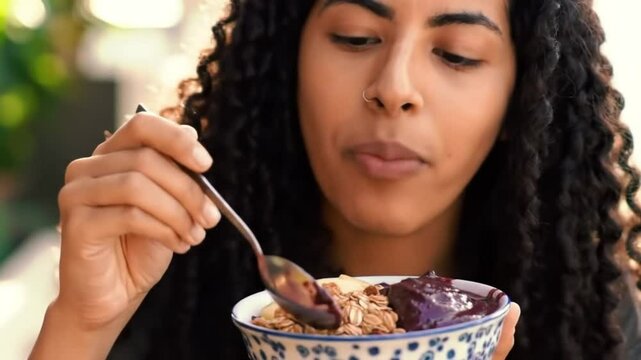 A woman with curly hair eating granola and acai bowl with a spoon close up in the sunlight outdoors