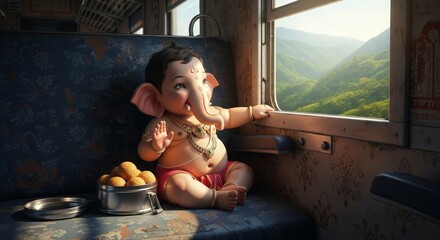 Ganesha baby train ride india hindu god travel window mountain landscape art