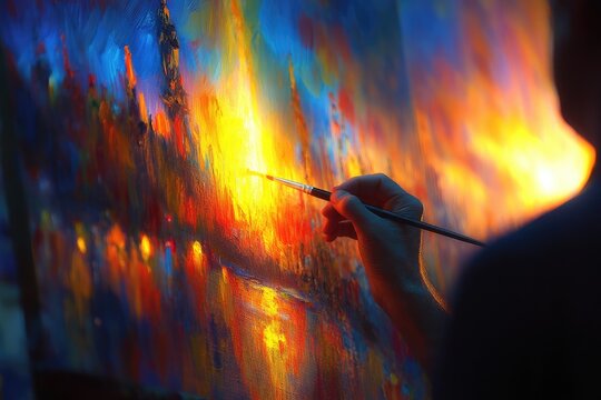 Passionate Painter Creating Colorful Abstract Masterpiece Today