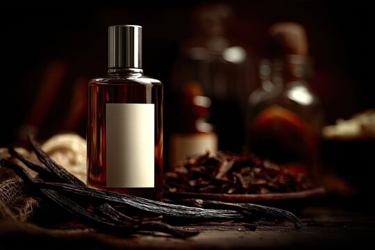 Amber glass perfume bottle with blank label, surrounded by vanilla beans and other ingredients on a dark wooden surface.  A moody, dimly lit still life suggesting artisanal perfume creation