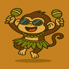A cartoon monkey dances excitedly with maracas in both hands, wearing a grass skirt and a tropical necklace, exuding a playful and festive vibe against a simple solid background.