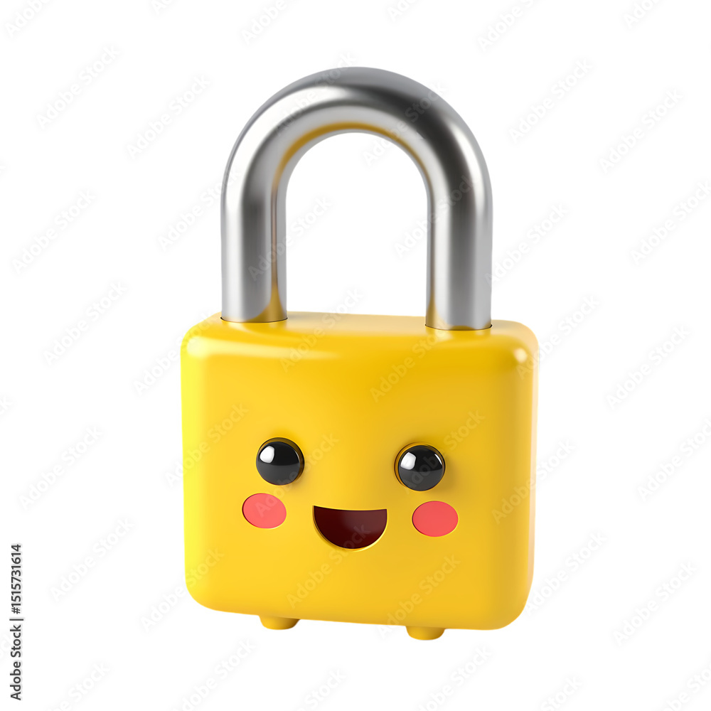 Poster a cheerful yellow padlock with a smiling face and rosy cheeks in a close up view isolated on transpa