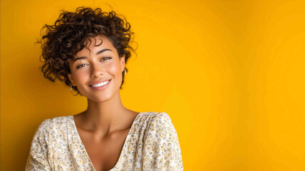 Smiling young woman with curly hair headshot vibrant yellow backdrop even studio light f28