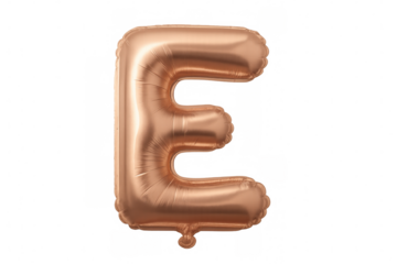 Rose gold metallic balloon letter 'e' hovering against transparent backdrop, ideal for festive branding and celebratory graphic design compositions