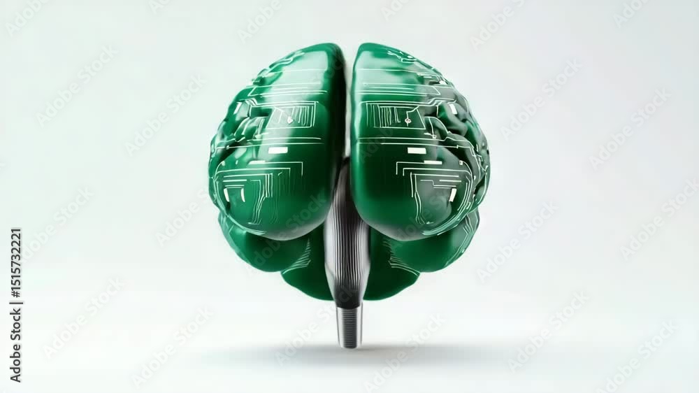 Poster artificial intelligence brain with green circuit board pattern, symbolizing technology, digital inno