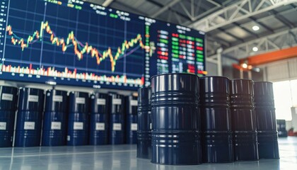 Multiple oil barrels sit in front of a digital stock market board displaying fluctuating commodity prices in an industrial setting.