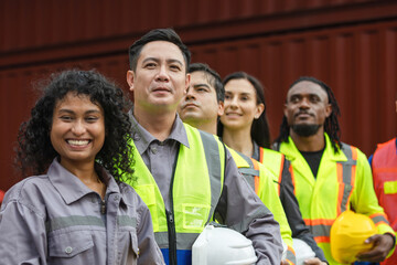 Diverse Team of Construction Workers and Engineers at a Job Site, Group of Multi Ethnic Industrial...