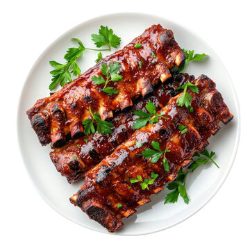 BBQ Ribs Feast Juicy with Smoky, Delicious Plate view, and parsley garnish.