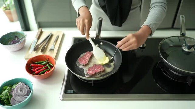 woman cooking meat in the pan