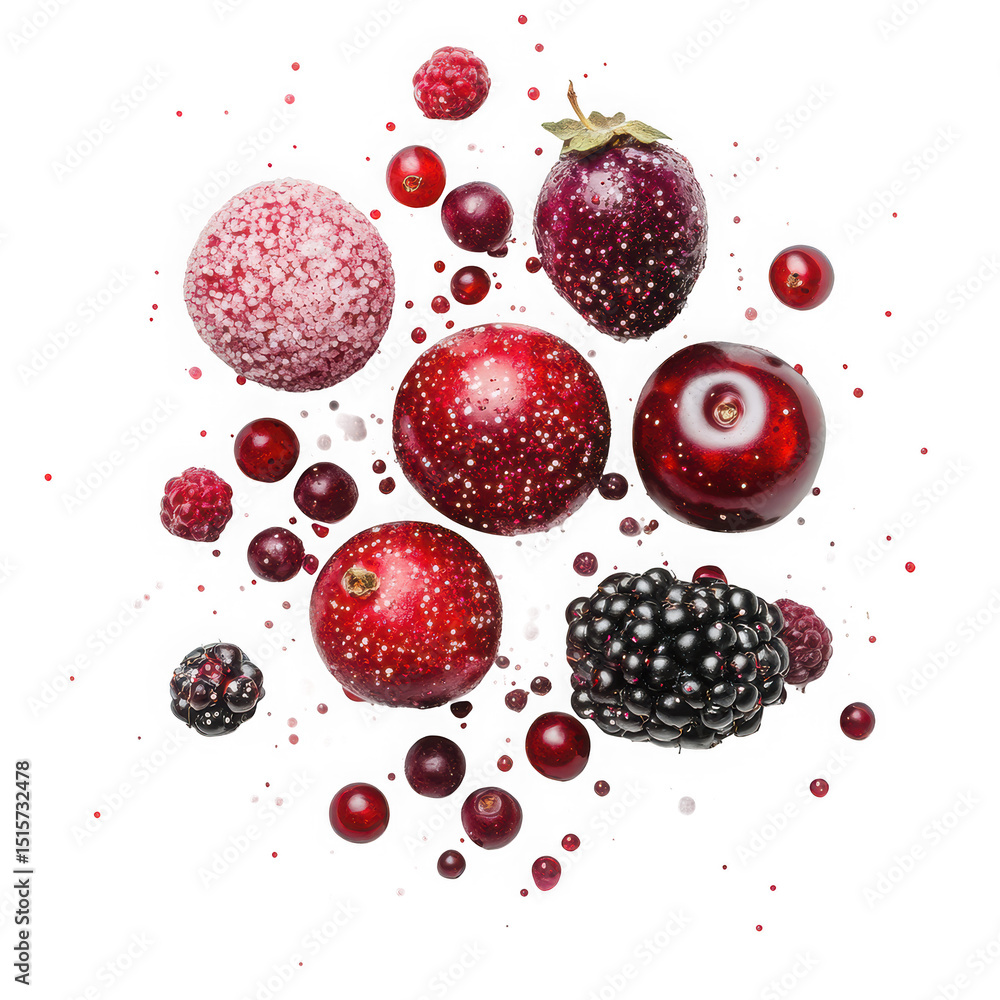 Poster assorted red and purple berries floating with glitter on transparent background
