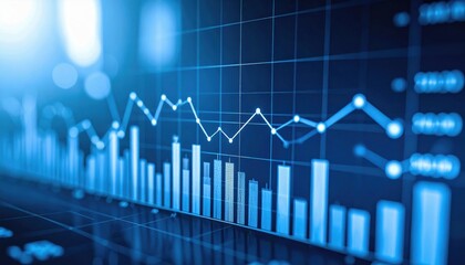 A digital chart displaying fluctuating bar graphs and data lines, representing financial or business analytics on a blue background.