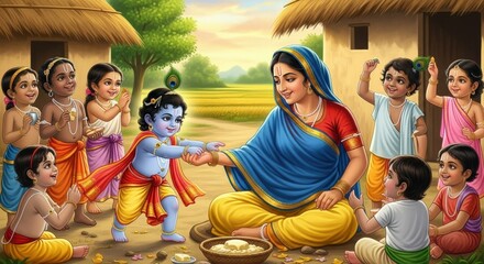 Krishna with mother yashoda and friends indian mythology hindu god childhood art