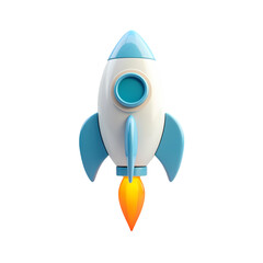 A stylized rocket ship in white and blue with a flame coming from the bottom isolated on transparent background