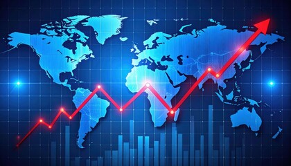 Fototapeta premium A world map with a rising red graph arrow, symbolizing global economic or financial growth.