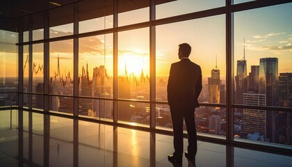 Fototapeta premium A businessman overlooks a city skyline at sunset from a modern office with financial graphs on the windows.