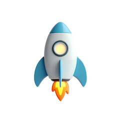 A cartoon rocket ship with a blue and white color scheme launching on a black isolated background isolated on transparent background