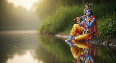 Krishna playing flute hindu god river bank nature spiritual deity mythology