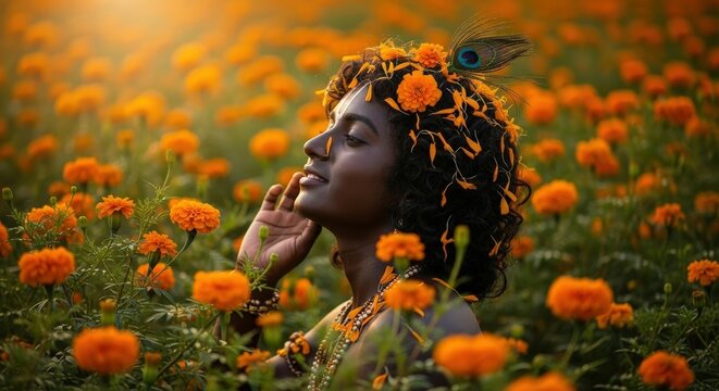 Krishna orange flowers peacock feather hinduism devotion spiritual india field
