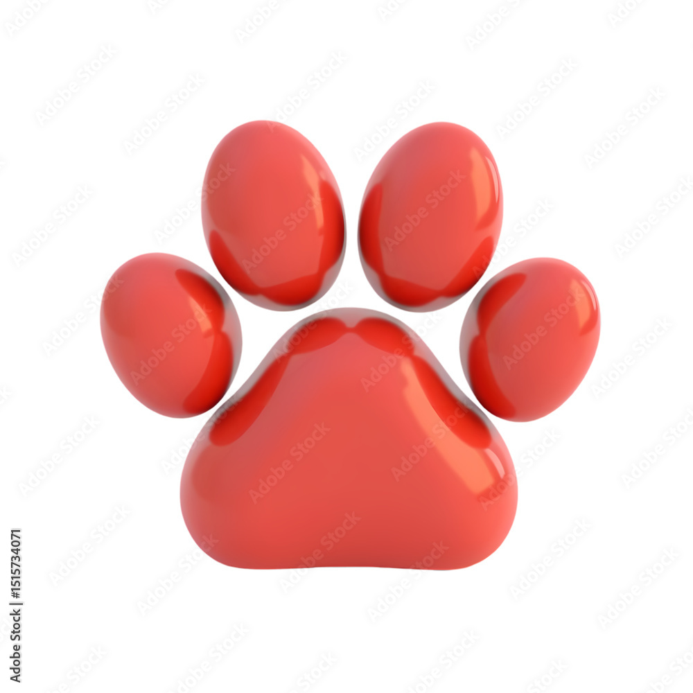 Poster a red glossy paw print with four toes and a pad in a rendered illustration isolated on transparent b