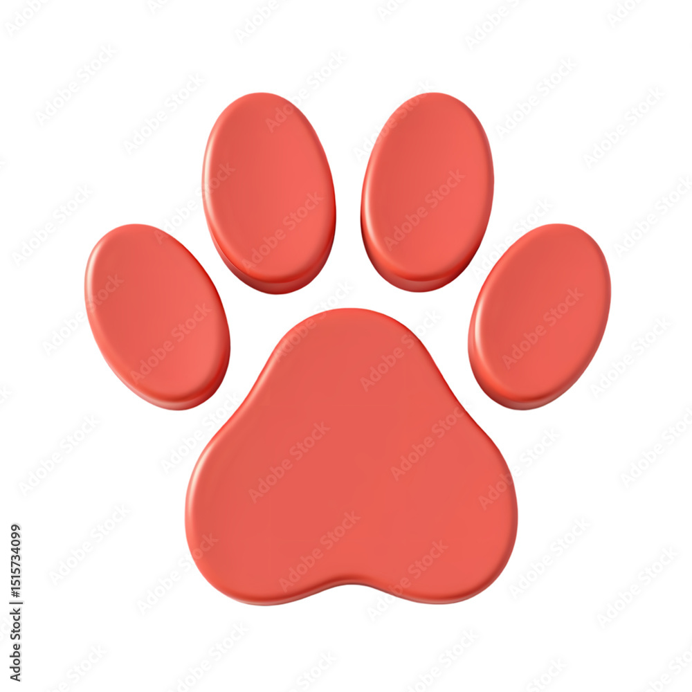 Poster a glossy coral colored paw print with four toes isolated on a black plain background in a square for