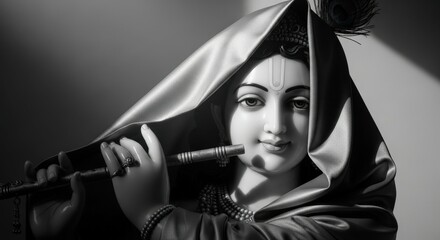 Krishna playing flute black and white hindu god deity mythology spiritual art