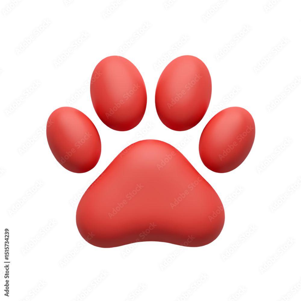 Poster a red paw print with four toe beans and a paw pad in a digital rendering isolated on transparent bac
