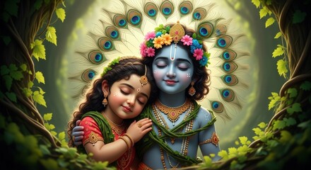 Radha krishna hinduism indian god mythology devotional art peacock feathers