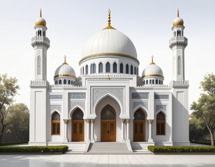 Fototapeta premium Majestic White Mosque Architectural Design Exterior View Islamic Religious Building