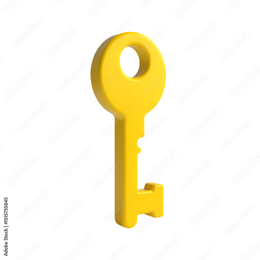 Poster a single, three dimensional, yellow key with a circular head on a plain image capture isolated on tr