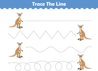 Trace line worksheets for children. Preschool handwriting practice with kangaroo. Vector illustration