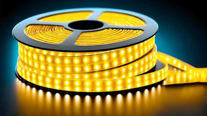 A roll of white LED strip lights with warm yellow lighting emitting bright and soft lights on the dark background The entire scene is illuminated by the